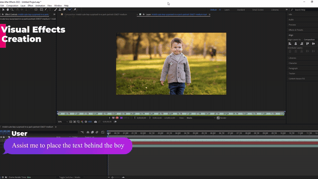 AssistGUI demo placing text behind a person in Adobe After Effects